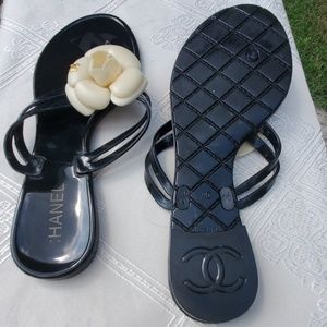 CHANEL Shoes - Coco Chanel Black Jelly White Camellia Sandals CHANEL Shoes - Coco Chanel Black Jelly White Camellia Sandals